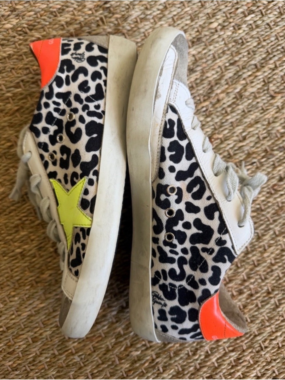 Golden Goose Women’s Leopard Print Sneakers with Neon Orange and Yellow Star